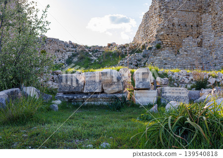 Ancient stone ruins with intricate carvings in a sunny archaeological Ancient stone ruins with intricate carvings in a sunny archaeological 139540818