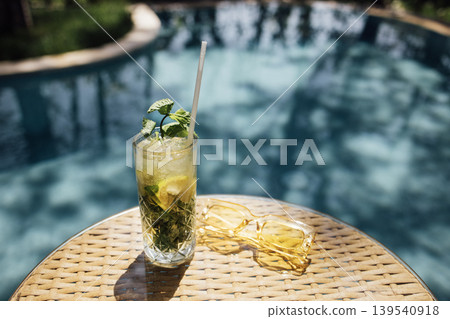 Refreshing mojito cocktail with mint and lime served in a tall glass on a wicker table beside a swimming pool with clear blue water in a sunny outdoor setting Refreshing mojito cocktail with mint and lime served in a tall glass on a wicker table beside a swimming pool with clear blue water in a sunny outdoor setting 139540918