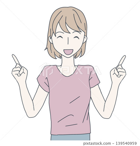 An illustration of a woman smiling and pointing with both hands. 139540959