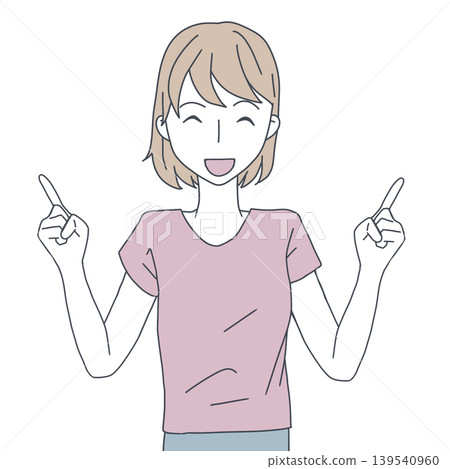 A simple illustration of a woman smiling and pointing with both hands to guide someone. 139540960