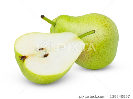 Isolated green pears. Pear fruit and cut in half isolated on white background. Isolated green pears. Pear fruit and cut in half isolated on white background. 139540997