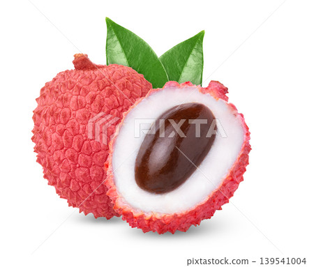 Isolated organic lychee, half of lychee with seed and green leaf. Isolated organic lychee, half of lychee with seed and green leaf. 139541004