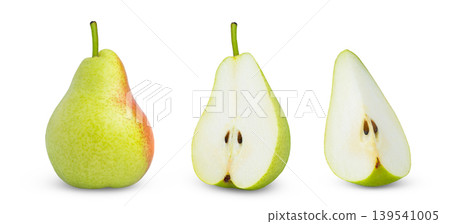 Isolated pears collection. Whole pear, cut in half of pear and a slice or quarter of pear isolated. Isolated pears collection. Whole pear, cut in half of pear and a slice or quarter of pear isolated. 139541005