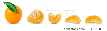 Ripe tangerine, mandarin or clementine citrus fruit with green leaf and peeled slice of mandarin and half of organic tangerine isolated collection. Ripe tangerine, mandarin or clementine citrus fruit with green leaf and peeled slice of mandarin and half of organic tangerine isolated collection. 139541013