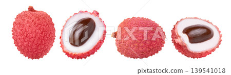 Lychees and halves of lychee set. Fresh pink lychee and half of juicy lychee with seed without shadow isolated collection. Lychees and halves of lychee set. Fresh pink lychee and half of juicy lychee with seed without shadow isolated collection. 139541018