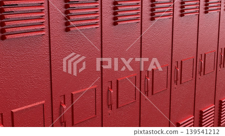 Red School Locker Row Background 3d render. Red School Locker Row Background 3d render. 139541212