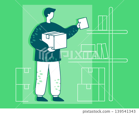 A man carrying cardboard boxes and tidying up. Flat illustration of moving, organizing, and storage. A man carrying cardboard boxes and tidying up. Flat illustration of moving, organizing, and storage. 139541343