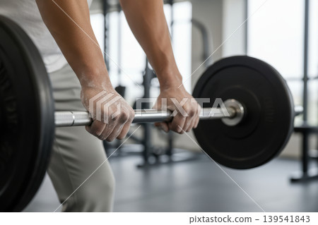 Mans hands with chalk gripping a barbell in a gym 139541843