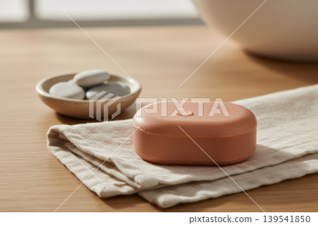 Peach soap bar with water droplet on linen towel next to stones Peach soap bar with water droplet on linen towel next to stones 139541850