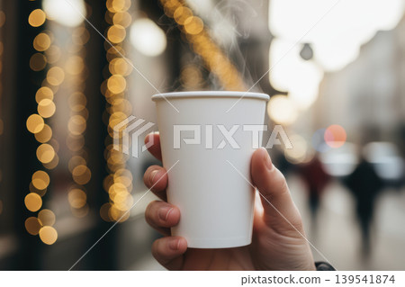 Hand holding a steaming paper cup with blurred bokeh lights 139541874