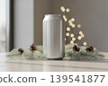Blank silver beverage can surrounded by festive pine decorations 139541877