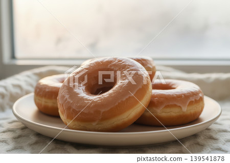 Glazed donuts on a plate by a window Glazed donuts on a plate by a window 139541878