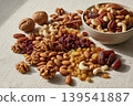 Assortment of healthy mixed nuts, dried fruits, and spices 139541887