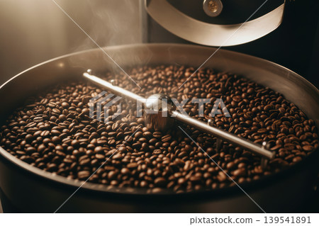Freshly roasted coffee beans in a coffee roaster 139541891