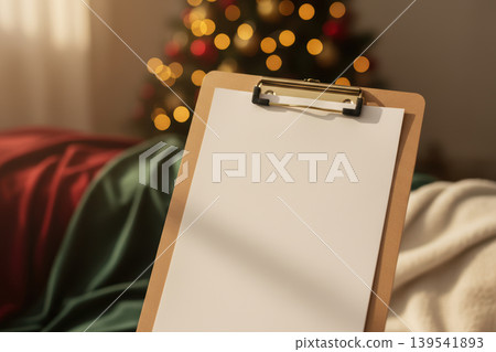 A blank clipboard with paper next to a christmas tree A blank clipboard with paper next to a christmas tree 139541893