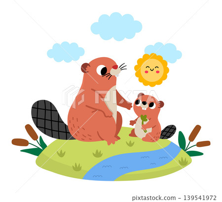 Vector beaver with baby on lawn under sun. Cute cartoon woodland family scene illustration for kids. Forest animals on natural background. Flat mother and baby picture for children 139541972