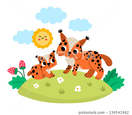 Vector lynx with baby on lawn under sun. Cute cartoon woodland family scene illustration for kids. Forest animals on natural background. Colorful flat mother and baby picture for children 139541982