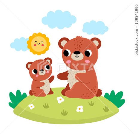 Vector brown bear with baby on lawn under sun. Cute cartoon woodland family scene illustration for kids. Forest animals on natural background. Colorful flat mother and baby picture for children Vector brown bear with baby on lawn under sun. Cute cartoon woodland family scene illustration for kids. Forest animals on natural background. Colorful flat mother and baby picture for children 139541996