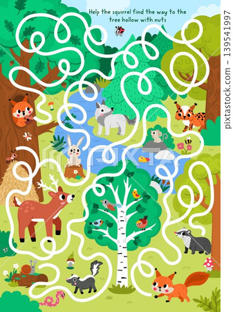 Forest animals maze for children with nature scene, squirrel searching way to tree hollow with nut. Detailed labyrinth game. Woodland printable activity, worksheet with deer, wolf, birds Forest animals maze for children with nature scene, squirrel searching way to tree hollow with nut. Detailed labyrinth game. Woodland printable activity, worksheet with deer, wolf, birds 139541997