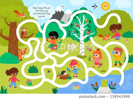 Forest animals maze for children with nature scene, girl going to feed squirrel. Detailed labyrinth game. Woodland printable activity, worksheet with kids explorers, woods, trees, birds, birdwatcher Forest animals maze for children with nature scene, girl going to feed squirrel. Detailed labyrinth game. Woodland printable activity, worksheet with kids explorers, woods, trees, birds, birdwatcher 139541999
