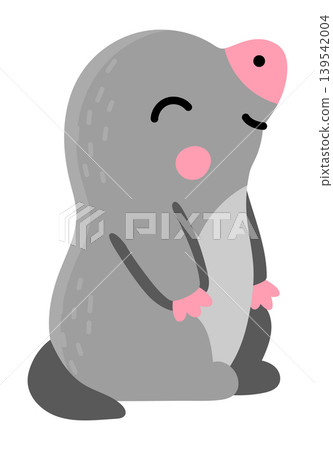 Vector cartoon baby mole popping out the pile of ground with worm clipart isolated on white background. Cute forest animal little child icon for kids. Flat woodland illustration Vector cartoon baby mole popping out the pile of ground with worm clipart isolated on white background. Cute forest animal little child icon for kids. Flat woodland illustration 139542004