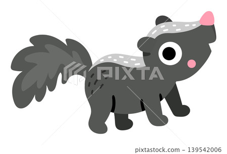 Vector cartoon baby skunk isolated on white background. Funny mephitis clipart. Cute forest animal little child icon for kids. Flat woodland element. Woods wildlife illustration Vector cartoon baby skunk isolated on white background. Funny mephitis clipart. Cute forest animal little child icon for kids. Flat woodland element. Woods wildlife illustration 139542006