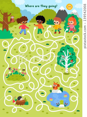 Forest animals maze with nature scene, children going to tree with birds, pond, tree stump, berries. Detailed labyrinth game. Woodland printable activity, worksheet with kids explorers 139542008