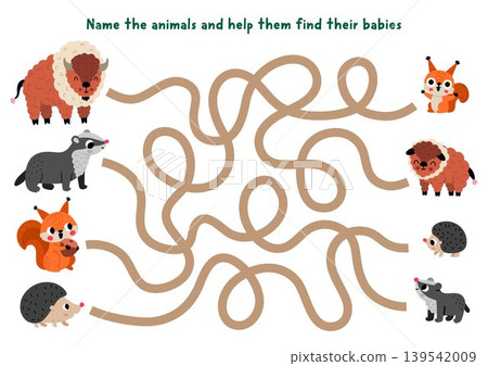 Forest animals maze for children with mothers and babies. Simple labyrinth game. Woodland printable activity, worksheet with parents bison, badger, squirrel, hedgehog and kids Forest animals maze for children with mothers and babies. Simple labyrinth game. Woodland printable activity, worksheet with parents bison, badger, squirrel, hedgehog and kids 139542009