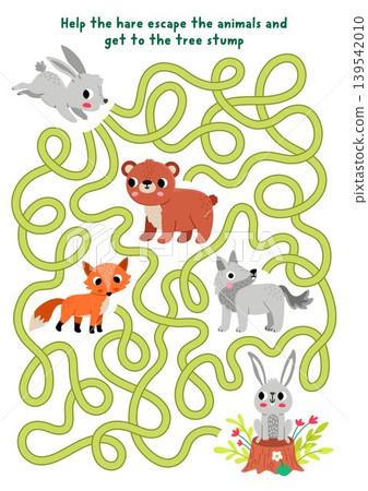 Forest animals maze for children with rabbit escaping animals, searching way to tree stump. Simple labyrinth game. Woodland printable activity, worksheet with fox, bear, wolf, hare Forest animals maze for children with rabbit escaping animals, searching way to tree stump. Simple labyrinth game. Woodland printable activity, worksheet with fox, bear, wolf, hare 139542010