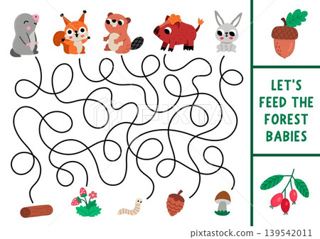 Forest maze for children with baby animals and food. Simple labyrinth game. Woodland printable activity, worksheet with little mole, squirrel, beaver, hare, boar. Feed the kids 139542011