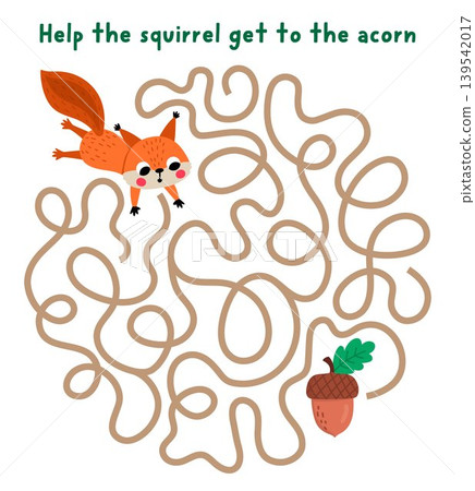 Forest animals maze for children with squirrel searching way to acorn. Simple round shaped labyrinth game. Woodland circled printable activity, worksheet Forest animals maze for children with squirrel searching way to acorn. Simple round shaped labyrinth game. Woodland circled printable activity, worksheet 139542017