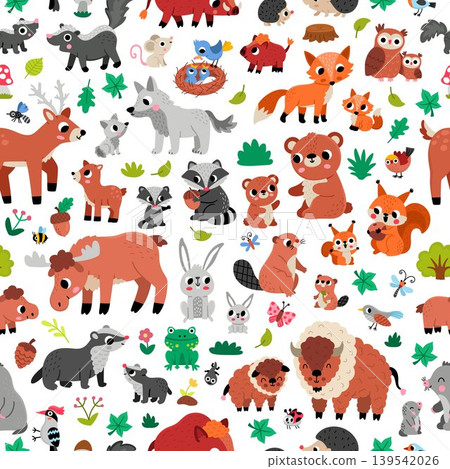 Seamless pattern with forest animals and their kids. Vector woodland mother and baby repeat background. Cute bear, fox, deer, elk, beaver, squirrel digital paper. Woods wildlife texture Seamless pattern with forest animals and their kids. Vector woodland mother and baby repeat background. Cute bear, fox, deer, elk, beaver, squirrel digital paper. Woods wildlife texture 139542026