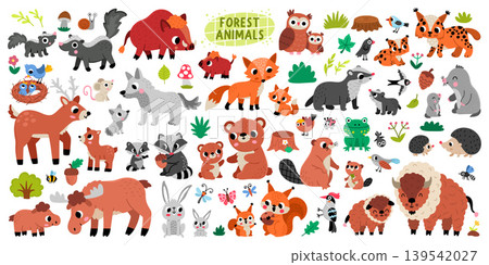 Vector set with forest animals and their kids. Woodland mother and baby collection. Cartoon children, family pack. Cute bear, fox, deer, elk, beaver, squirrel, lynx clipart. Woods wildlife Vector set with forest animals and their kids. Woodland mother and baby collection. Cartoon children, family pack. Cute bear, fox, deer, elk, beaver, squirrel, lynx clipart. Woods wildlife 139542027