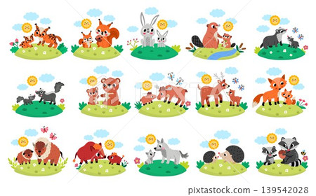 Vector forest animal scenes set. Collection with bear, fox, deer, elk, beaver, squirrel, lynx and their babies. Cute woodland mother and baby illustration with grass background, sun, clouds Vector forest animal scenes set. Collection with bear, fox, deer, elk, beaver, squirrel, lynx and their babies. Cute woodland mother and baby illustration with grass background, sun, clouds 139542028