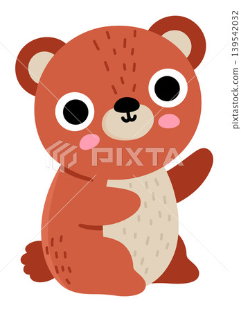 Vector cartoon baby brown bear isolated on white background. Funny little teddy clipart. Cute forest animal child icon for kids. Flat woodland element. Woods wildlife illustration 139542032