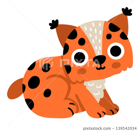 Vector cartoon baby lynx isolated on white background. Funny little wild cat clipart. Cute forest animal child icon for kids. Flat woodland element. Woods wildlife illustration Vector cartoon baby lynx isolated on white background. Funny little wild cat clipart. Cute forest animal child icon for kids. Flat woodland element. Woods wildlife illustration 139542034