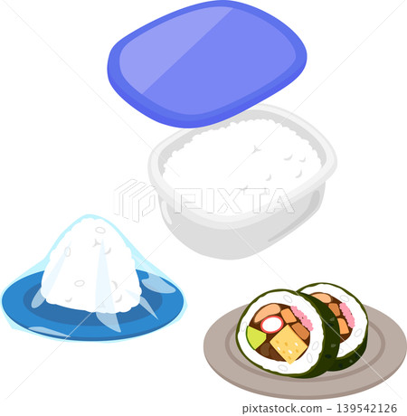 儲存容器裡的米飯、用保鮮膜包裹的飯糰和壽司捲。 139542126