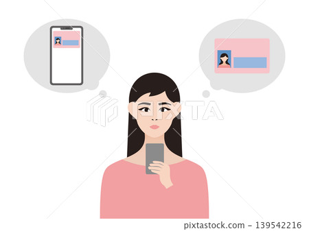 一位女士使用智慧型手機存取她的個人號碼卡的向量插圖。 一位女士使用智慧型手機存取她的個人號碼卡的向量插圖。 139542216