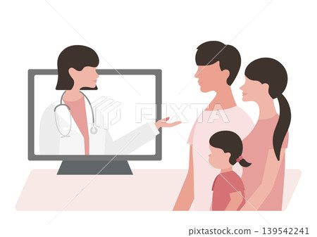 Vector illustration of a girl and her parents during an online medical consultation, and a female doctor explaining medical conditions. Vector illustration of a girl and her parents during an online medical consultation, and a female doctor explaining medical conditions. 139542241