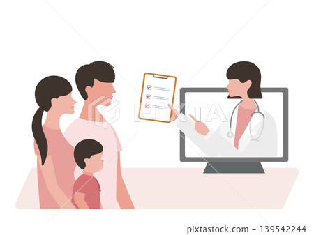 Vector illustration of a boy and his parents during an online medical consultation, and a female doctor showing them a checklist. Vector illustration of a boy and his parents during an online medical consultation, and a female doctor showing them a checklist. 139542244