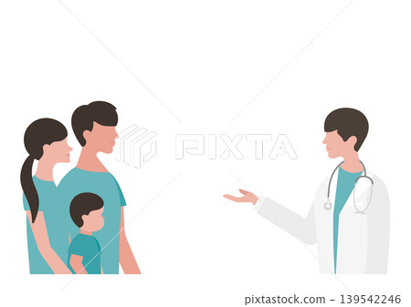 Vector illustration of a boy, his parents, and a doctor explaining medical conditions. Vector illustration of a boy, his parents, and a doctor explaining medical conditions. 139542246