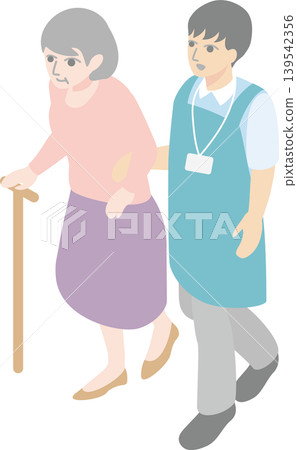 護理人員照顧老年婦女的等距插圖。 護理人員照顧老年婦女的等距插圖。 139542356