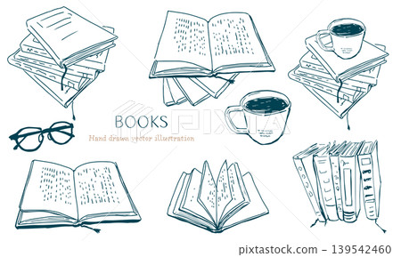 手繪插圖(向量/線條藝術),描繪了一本書、眼鏡和咖啡。 手繪插圖(向量/線條藝術),描繪了一本書、眼鏡和咖啡。 139542460