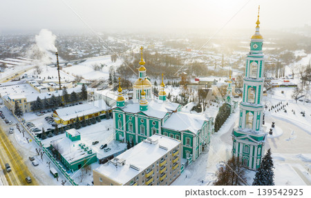 Aerial view of the Spaso-Preobrazhensky Cathedral and residential buildings in Tambov 139542925