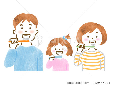 An illustration of a family of three brushing their teeth. 139543243