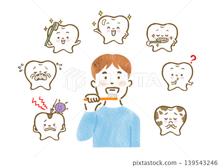 A set of illustrations of a man brushing his teeth and a tooth character. A set of illustrations of a man brushing his teeth and a tooth character. 139543246
