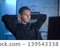 Software developer relaxing after solving programming problem while working at computer workstation 139543338