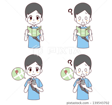 一組四幅插圖,描繪的是一個男人正在看地圖。 一組四幅插圖,描繪的是一個男人正在看地圖。 139543702