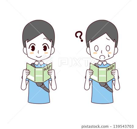 A set of two illustrations of a man looking at a paper map. A set of two illustrations of a man looking at a paper map. 139543703