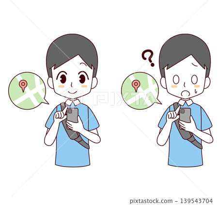A set of two illustrations of a man looking at a map on his smartphone. A set of two illustrations of a man looking at a map on his smartphone. 139543704